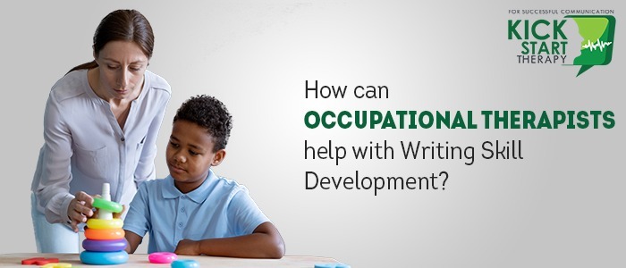 Occupational therapist helping a child with writing skills and gross motor skills